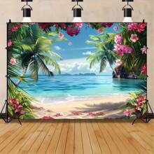 1 Piece, Hawaiian Beach Background, Tropical Floral Palm Design, Ocean Beach Photography Background, Suitable For Hawaiian Party Theme Decoration, Indoor And Outdoor Use