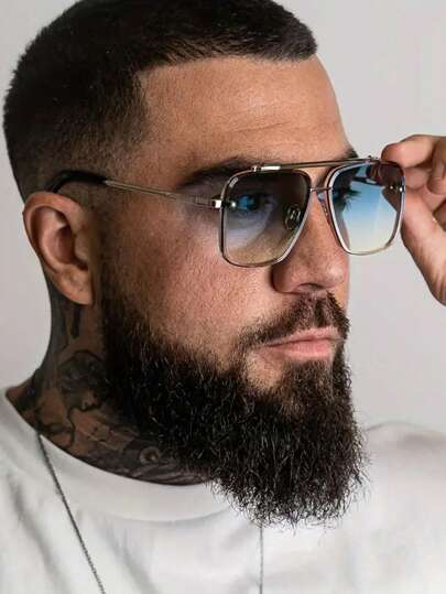 نظارة طراز الطيار ذات الشكل المسطح المعدنية للرجال، نظارة شيك وعصرية مناسبة للخروج والتنزه والمواعدة والجلسات البلوجينج والذهاب إلى المدرسة