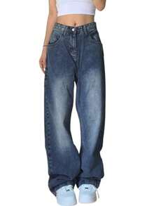 Spring Jeans Women's Y2k Grunge Baggy Jeans Hip Pop Wide Leg Jeans Mid Waist Vintage Boyfriends Jeans Denim Pants Streetwear - 深色水洗藍 - 查看 4