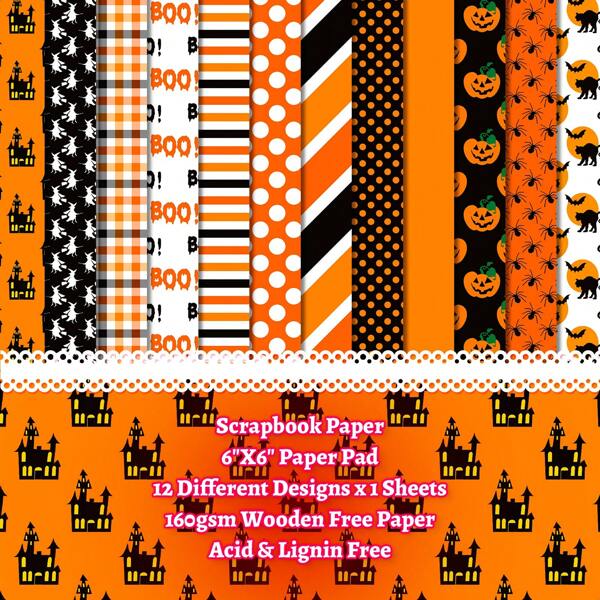 12 Blatt Oranges Halloween Scrapbooking Papierpack, gruselige und festliche Designs mit Kürbissen, Hexen, Fledermäusen, Spinnen und Punkten. Dekorativ für Scrapbooking, Kartenherstellung für Feste, Halloween Dekorationen, Partytüten und Schulprojekte