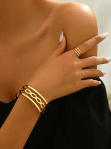 2pcs/Set Geometric Intersected Metal Effect Bangle Bracelet And Ring Set, Suitable For Daily Wear And Leisure Vacation