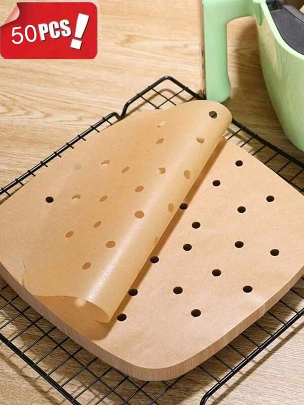 50/100 pezzi, Fogli di carta forno per friggitrice ad aria, 19 cm, fogli monouso quadrati di carta forno forata, per cottura e cestello a vapore in bambù, accessori per la cucina
