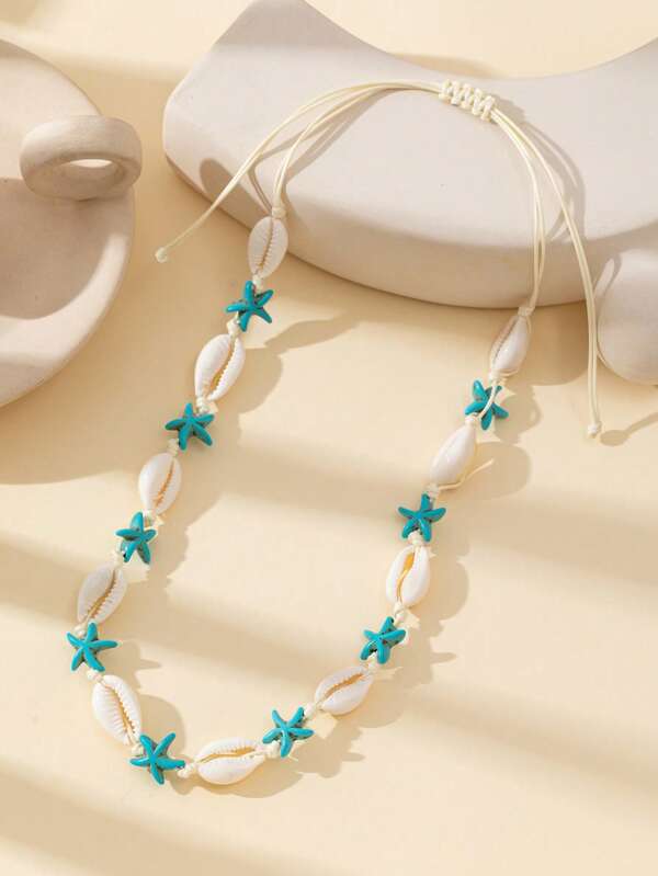 New Fashion Handmade Woven Necklace With Natural Shell, White Turquoise, And Starfish Decorations, Versatile