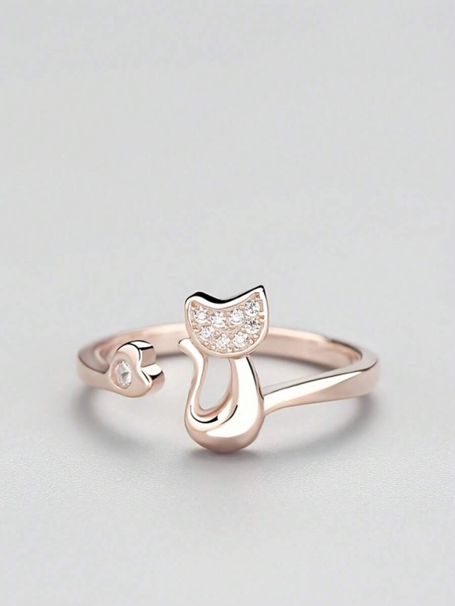 1pc Cute Cat Kitten Open Ring Plated Jewelry For Women Girls Teen