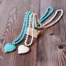 1pc New Fashion Bohemian Style 8mm Turquoise Beads Knotted Women Necklace With Turquoise Heart Pendant, Suitable For Women's Daily Wear