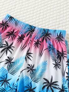 2 件套男童无袖休闲度假棕榈树印花背心套装，轻盈凉爽的夏季服装 - 藍色 - 查看 8