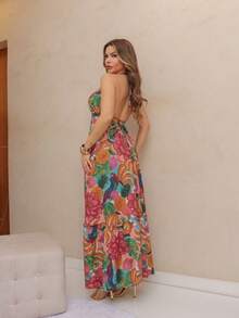 vestido longo com bojo estampa 3D multicolorido novo modelo atras com amarrar costas nua - Rosa empoeirado - Visão 5