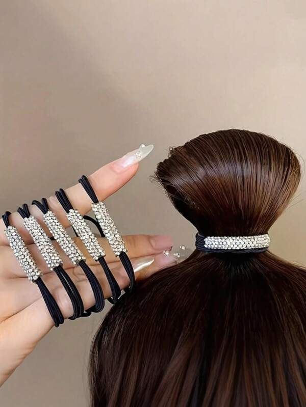 20pcs/10pcs Elegant Rhinestone Hair Scrunchies, High Elasticity Black & Khaki Versatile Stylish Chic Solid Color Hair Ties, Suitable For Daily Outing, Leisure, Party, Commuting, Vacation, Ponytail, Bun, Face Washing, Make-Up, Outfit Matching Accessory, Ponytail Holders, Hair Elastics, Hair Rope