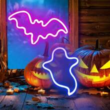 2pcs/Set Bat & Ghost Shaped Neon Sign LED Lights, USB Or Battery Operated, Creative Night Light Ideal For Halloween, Bedroom, Party, Bar, Living Room, Wall Decor