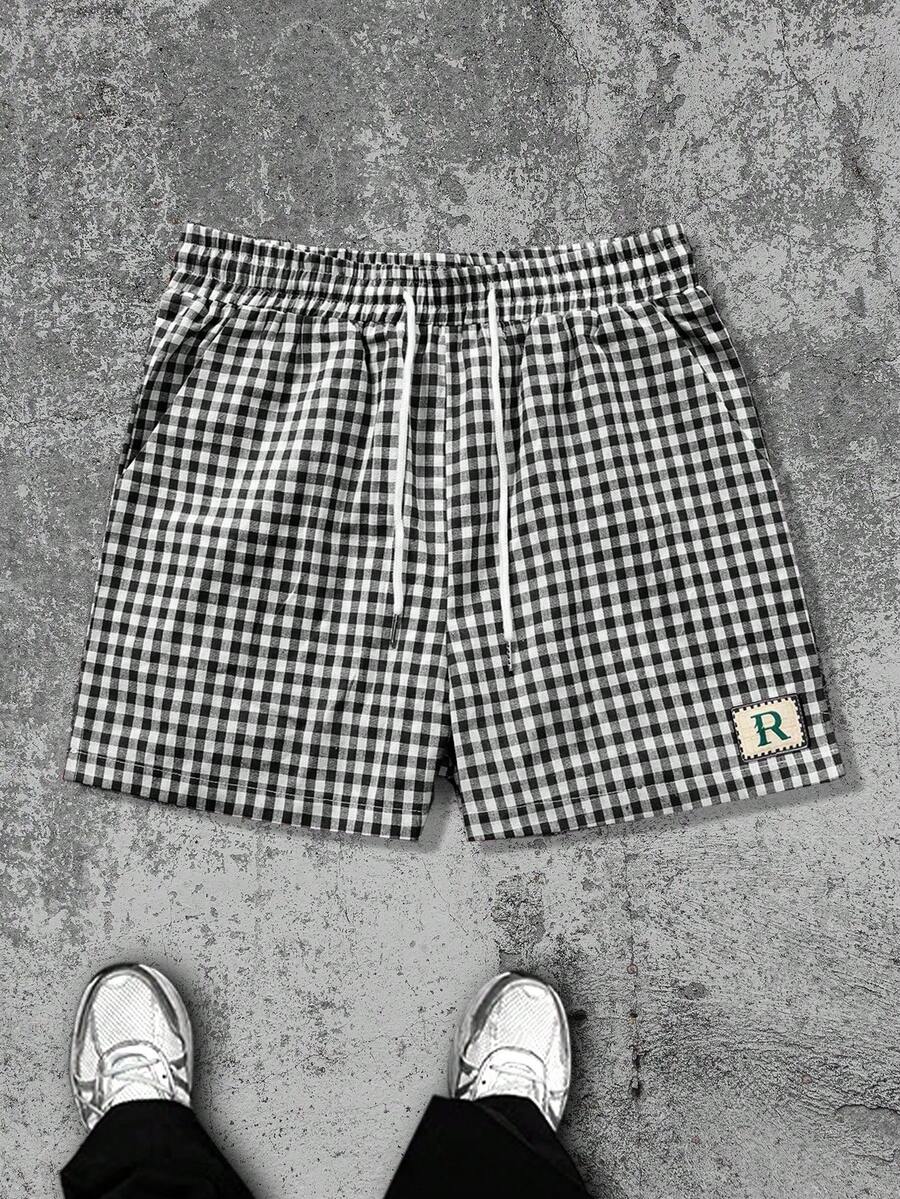 Pantalones cortos casuales de dos tonos a cuadros de corte holgado para hombres, de uso diario - Blanco y Negro - Ver 1