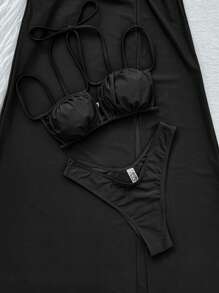 Women's Summer Beach Solid Color Ruched Sexy Bikini Set With Coverup And Skirt