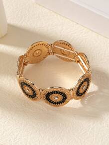 1 pieza Brazalete elástico con bordado floral de estilo árabe vintage con incrustaciones de rhinestone, diseño de flor negra de moda para uso diario
