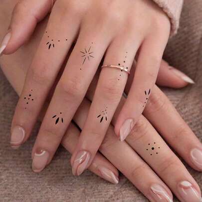 1张，3-5天持久型临时纹身贴纸 - 黑色海娜莲花、星星、链条几何图案，敏感肌适用黑色草本纹身贴纸，防水防汗，Y2K极简设计，适用于手指、手掌、手臂，女性适用