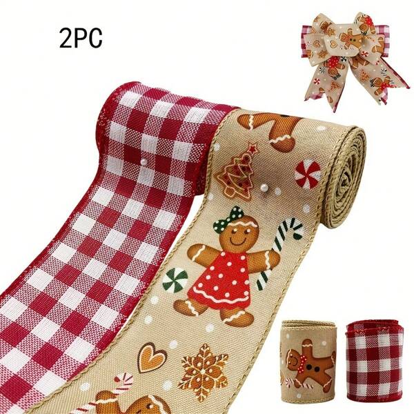 1 rolo/2 rolos de fita de Natal para guirlanda com laço, fita de Natal aramada vermelha e de juta para artesanato DIY, fita de Natal aramada de 6,35 cm de largura para presentes, decoração de Natal para casa, embalagem de presentes, decoração de Natal para quarto, decoração de inverno