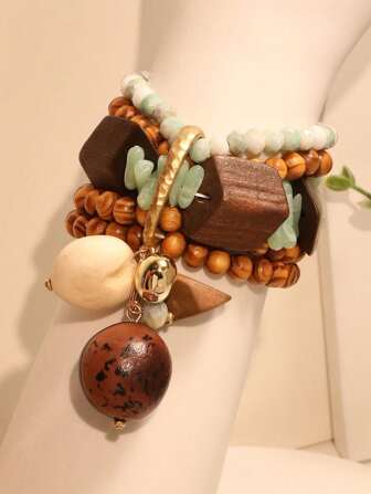 1pc Boho Style Multi-Layer Wooden Bead Cylindrical Pendant Necklace, Suitable For Women's Daily Or Beach Vacation Wear