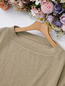 2pcs Casual Solid Color Women Knit Pullover Top With Drawstring Waist Shorts Set - Khaki - View 4