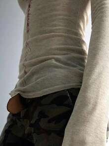 Gothic Style Dark Aesthetic Long Sleeve T-Shirt For Women, New Slim Fit Printed Top, Autumn - Grey - View 4