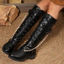 1 Paar Damen Schwarz Kunstleder Kniehohe Stiefel, Schnürdesign mit Nieten & Kettendetails, Punk-Western Stil, ideal für Herbst/Winter Alltag & Ausgehen