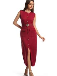 女士黑色长连衣裙，适合办公室穿着，春季无袖中长连衣裙，配有腰带和纽扣，以及女士吊带裙 - 酒紅色 - 查看 4