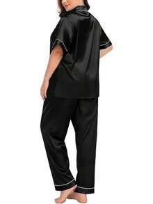 SWOMOG Women's Plus Size Silk Satin Pajama Set Short Sleeve Shirt With Full-Length Pants Pjs Sleepwear Set 18W-26W - Two Pockets-carbon Black - View 5