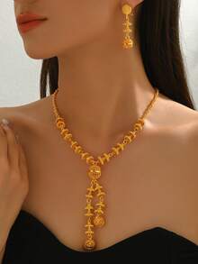 Bộ 3 chiếc/Bộ trang sức vòng cổ và hoa tai tua rua dài mạ vàng rỗng hạt, thích hợp cho phụ nữ đeo trong các buổi lễ kỷ niệm, tiệc, tiệc tùng - Vàng - Xem 9