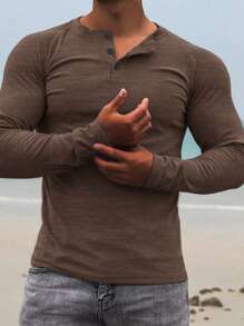 Men's Casual Solid Color Henley Neck Long Sleeve Undershirt, Comfortable & Soft, Versatile For All Seasons,Fall