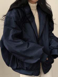 Women's Reversible Oversize Faux Shearling Lined Hooded Jacket Winter Y2K 2 Way Wear Padded Coat - 藏蓝色 - 查看 2