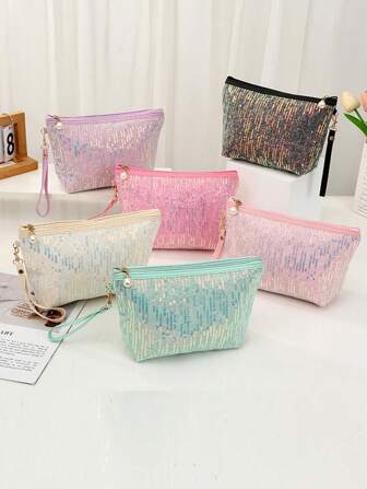 1 pieza Bolsa de maquillaje de gran capacidad, tela con lentejuelas y cremallera con perlas, organizador de cosméticos portátil, adecuado para mujeres, estudiantes, regalo de graduación, Día de la Madre, crucero, playa, viaje, neceser, regalo de Navidad, bolsa, viaje, regalos para mujeres, artículo de viaje esencial para mujeres, bolsa, embrague / bolso pequeño, organizador de maquillaje, bolsa, soporte de brochas, mini bolsa, bolsa de gran capacidad