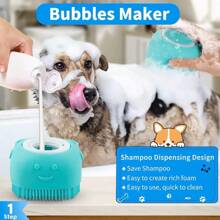 1 pieza Cepillo de baño y champú de verano para mascotas, cepillo de goma de silicona para masaje con compartimento para champú para herramientas de aseo de perros y gatos; Accesorios para perros y gatos; Playa; Sol; Viaje; Fresco;
