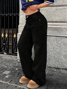 Women's Plus Size Wide Leg Jeans Classic Button Front Relaxed Fit Straight Cut Slant Pockets Everyday Essential Comfort Denim Pants - màu đen - Xem 2