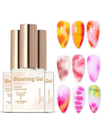COLOURSMILE 3PCS 15ML Nail Blooming Gel Clear Uv Led Blossom Gel Polish For Spreading Effect Marble Natural Stone Watercolor Floral Print Soak Off Nail Gel Diy Nail Art Design Manicure Gift For Women