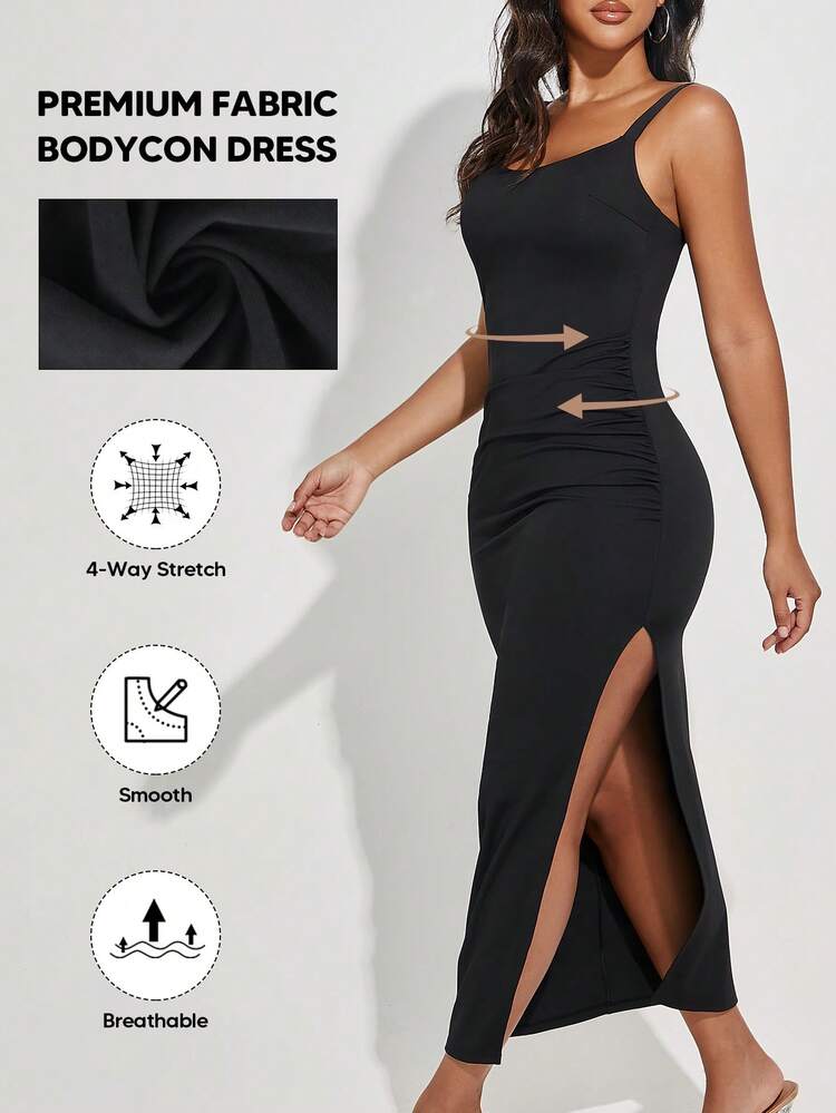 فستان صيفي نسائي ضيق بدون أكمام للتحكم في البطن ، فستان كاجوال حفلات - الأسود - مشاهدة 3