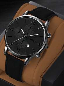 SOKI SOKI 1 Set Men's Quartz Watch With Calendar Function, Zinc Alloy Case And PU Strap, Round Dial, Electronic Movement, Pointer Display, Includes Pendant Necklace, Bracelet And Ring, Suitable For Daily Wear, Birthday Gift, Party, Holiday Gathering, Ideal Gift For Yourself Or Friends. No Packaging Box Included. - Black - View 5