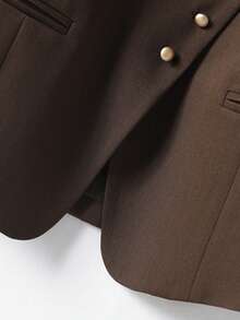 纯色女背心V领外套修身款适合春秋季时尚通勤风金属单排扣女士服装 - 巧克力棕 - 查看 9