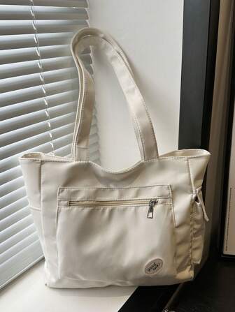 1 pieza Bolso de tote plegable ligero y multiusos de color liso, resistente al agua, con bolsillos con cremallera, de gran capacidad, adecuado para el uso diario de mujeres, compras, viajes, vacaciones, estudiantes, escuela, regalo