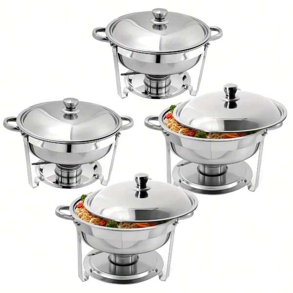 Ensemble de 4 plats à réchaud ronds en acier inoxydable de 5 pintes pour buffet - Comprend des plateaux pour aliments et eau, des chauffe-buffets et un service