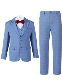 6-14 Years Old Boys Plaid 3 PiecesSuit Set, Toddler Tuxedo Formal Outfit, Ring Bearer Wedding Suit, Jacket, Vest, Pants, Light Blue - Baby Blue - View 1