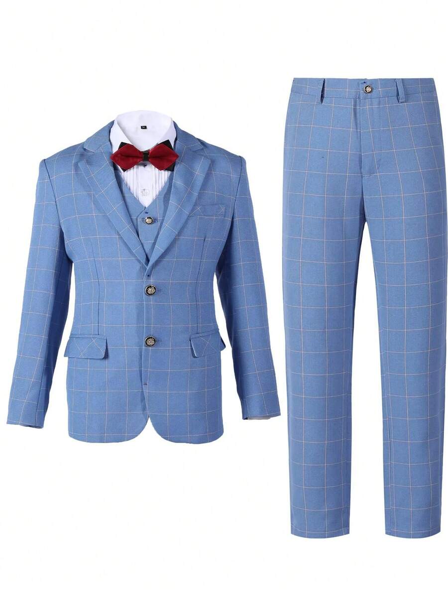 6-14 Years Old Boys Plaid 3 PiecesSuit Set, Toddler Tuxedo Formal Outfit, Ring Bearer Wedding Suit, Jacket, Vest, Pants, Light Blue - Baby Blue - View 1