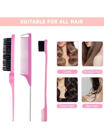 8pcs/3pcs Hair Styling Comb Hair Brush Set, Nylon Teasing Hair Brush Rat Tail Comb, Smooth Comb Grooming Double Sided Edge Brush For Edge & Back Brushing, Combing, Slicking Hair For Women Girls (Pink)
