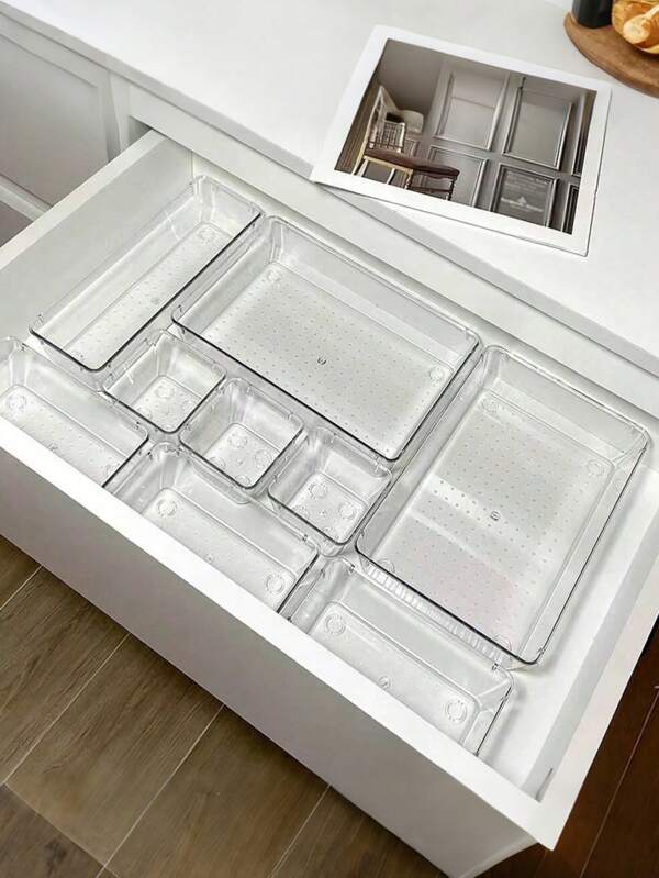 8/16/25 piezas Set de cajones de cajón Acrylic, caja de almacenamiento de cosméticos divisores de 4 tamaños para escritorio, contenedor de maquillaje transparente multifuncional para productos de cuidado de la piel, papelería, artículos varios, para baño, cocina, oficina, dormitorio, regalo festivo, presente de Navidad