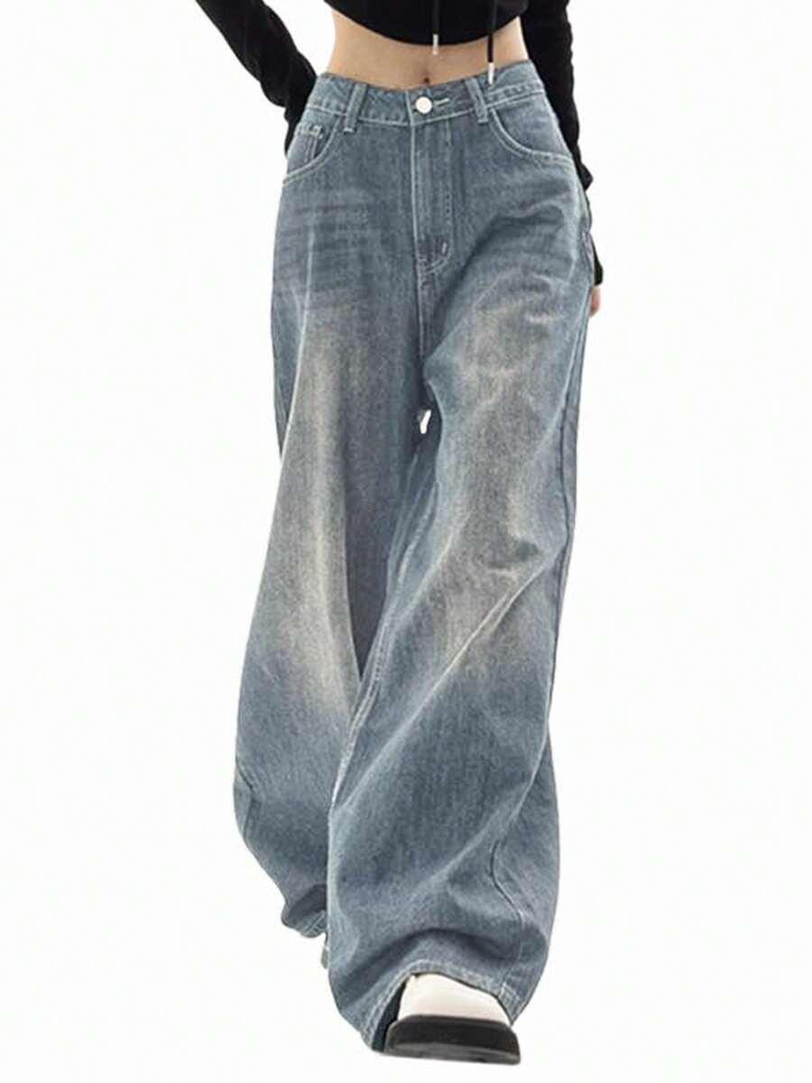 Jeans For Women Wide Leg Baggy Jeans High Waist Y2K Cargo Pants Casual Loose Boyfriends Trousers Vintage Streetwear - Màu xanh cổ điển - Xem 1