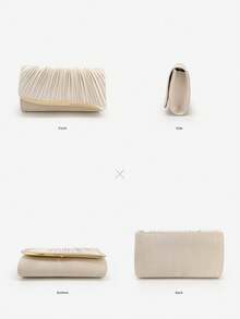 Pleated Flap Clutch Bag, Satin Texture, Fashion Elegant, Suitable For Evening Gown, Party, Formal Occasion, Envelope Handbag, Mini Square Bag, Luxury Clutch Purse, Shoulder Strap Crossbody Bag, Banquet Chic Purse - Champagne - View 11