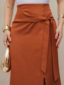 Frenchy Women's Casual Solid Color Drawstring Wrap Skirt Spring/Summer/M5509 - Marrón - Ver 5