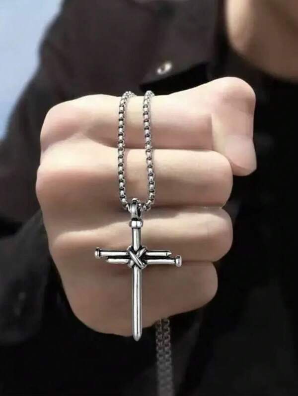 Stainless Steel Twisted Cross Pendant Necklace, Fashion Simple Design, Unisex Religious Christian Jewelry