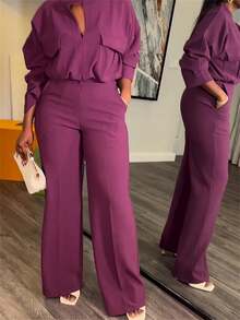 Women's Plus Size V-Neck Top Wide Leg Pants Set - Purple - View 1
