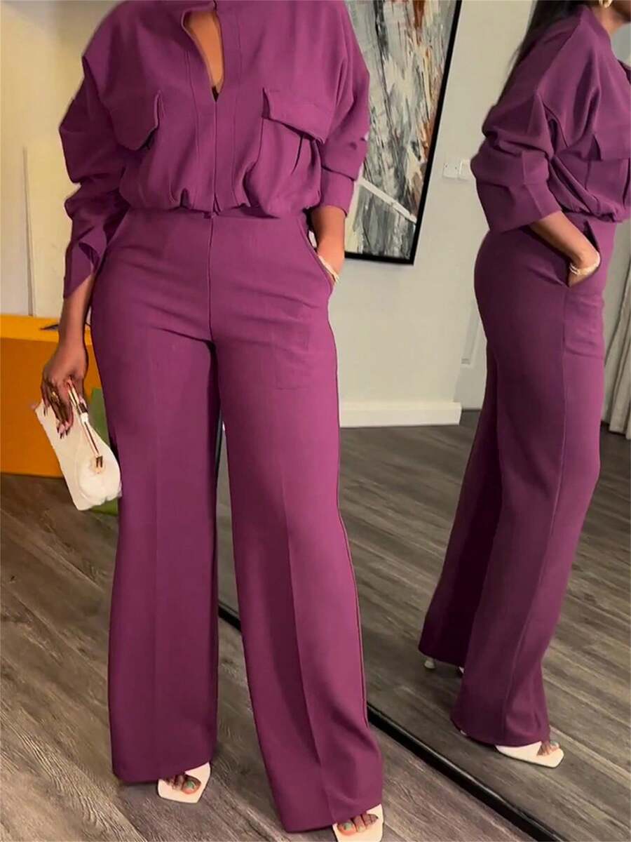 Women's Plus Size V-Neck Top Wide Leg Pants Set - Purple - View 1
