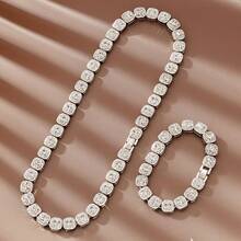 男女嘻哈风格方链项链手链套装，时尚配饰方链设计，镶嵌10mm水钻，适合日常佩戴、派对、宴会等场合，男女首饰套装