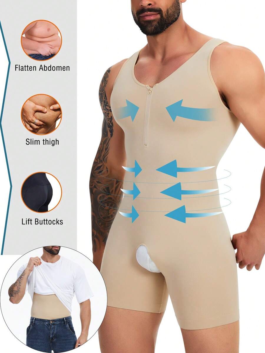 Mens Bodysuit Shapewear For Tummy Control Gynecomastia Compression Shirts Full Body Shapewear With Zipper - 米色 - 查看 1