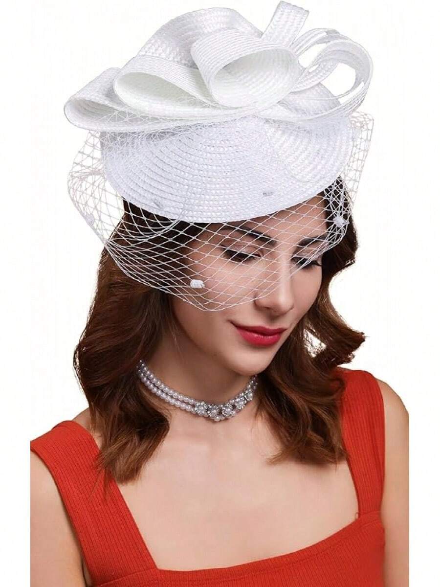 Derby Fascinators Women High Tea Party Hat Wedding Cocktail Flower Headware With Mesh And Feathers - Z-f0271-white - View 1