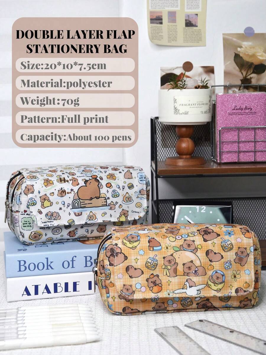 1 buc geantă de creion cu flip drăguță cu desene animate Capybara, geantă de creion cu imprimeu de desene animate de mare capacitate, potrivită pentru depozitarea pe desktop a studenților și utilizarea la birou, husă de creion, husă de creion, ghiozdan, rechizite școlare, înapoi la școală